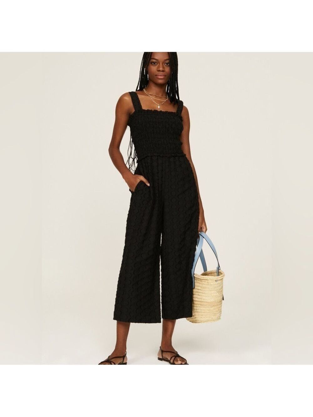 Club Monaco Smocked Jumpsuit Pockets Black Crop Wide Leg, Size 0